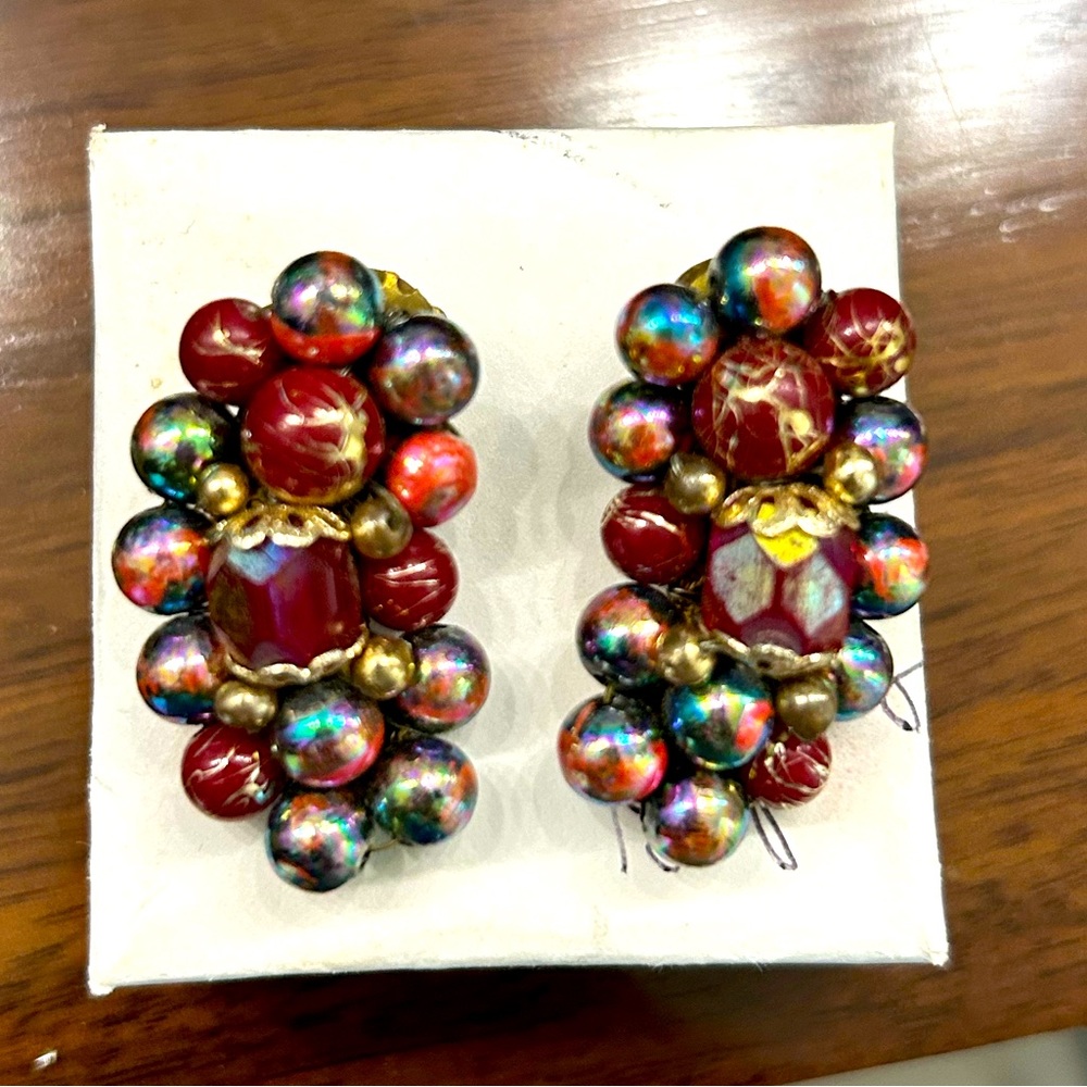 Vintage Red Climber Earrings Cluster Style Faux Pearl Crystal Clip On Earrings